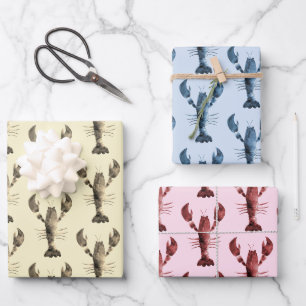 Modern Watercolor Beige Blue Pink Lobster Wrapping Paper Sheet
