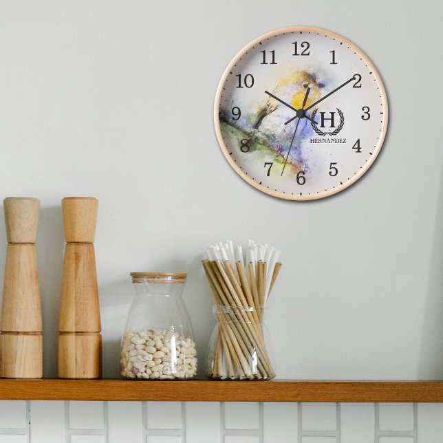 Modern Watercolor Bird, Monogram Wood Wall  Clock (Creator Uploaded)