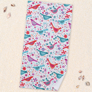 Modern Watercolor Birds and Flowers Beach Towel
