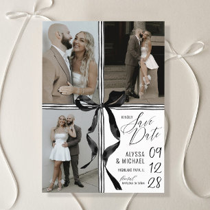 Modern Watercolor Black Bow 3 Multi-Photo Wedding Save The Date