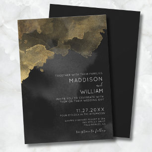 Modern Watercolor Black Gold Wedding Invitation