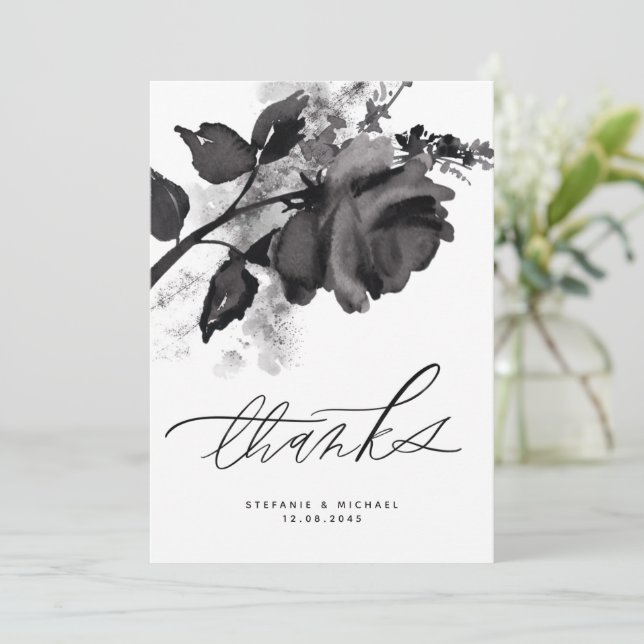 Modern Watercolor Black Rose Wedding Thank You Card (Standing Front)