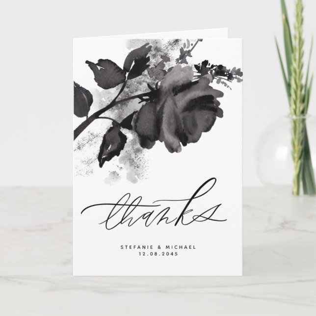 Modern Watercolor Black Rose Wedding Thank You Card (Front)