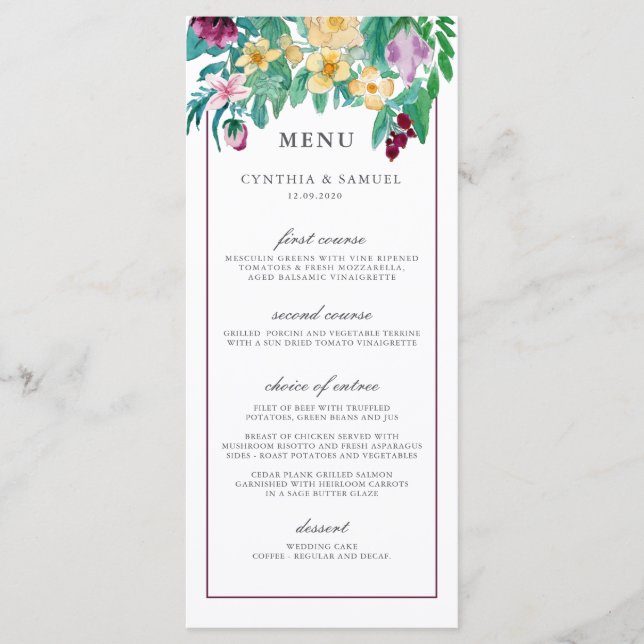 Modern Watercolor Blooms Wedding Menu (Front)