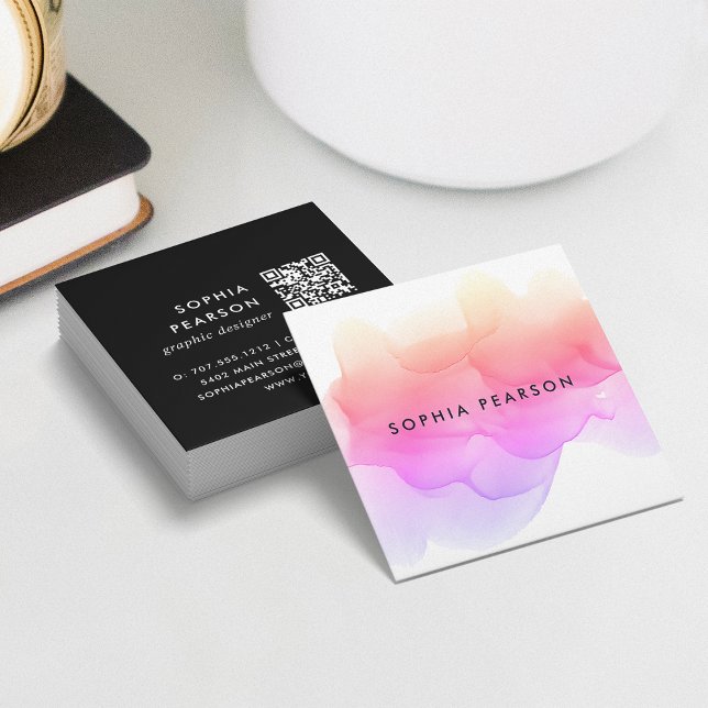 Modern Watercolor Blot QR Code Square Business Card (Creator Uploaded)