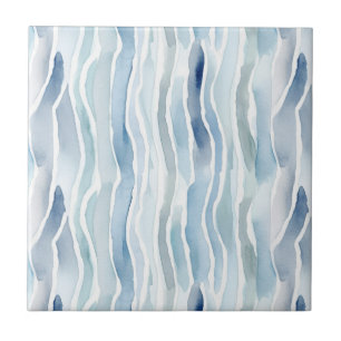 Modern Watercolor Blue and White Stripe Pattern Ceramic Tile