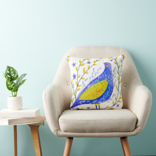 Modern Watercolor Blue and Yellow Bird Art Cushion