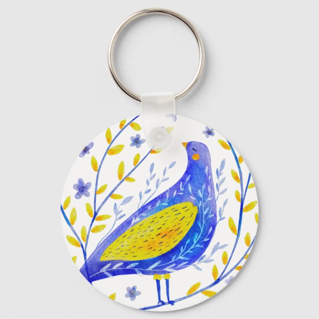 Modern Watercolor Blue and Yellow Bird Art Key Ring (Front)