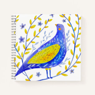 Modern Watercolor Blue and Yellow Bird Art Notebook