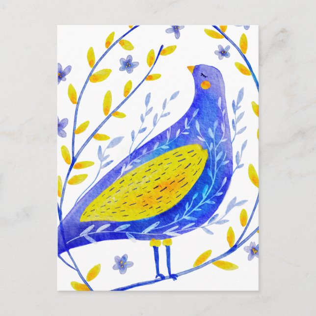 Modern Watercolor Blue and Yellow Bird Art Postcard (Front)