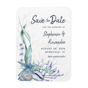 Modern Watercolor Blue Beach Wedding Save the Date Magnet
