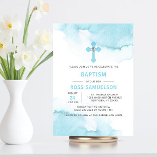 Modern Watercolor Blue BOY Baptism Christening Invitation