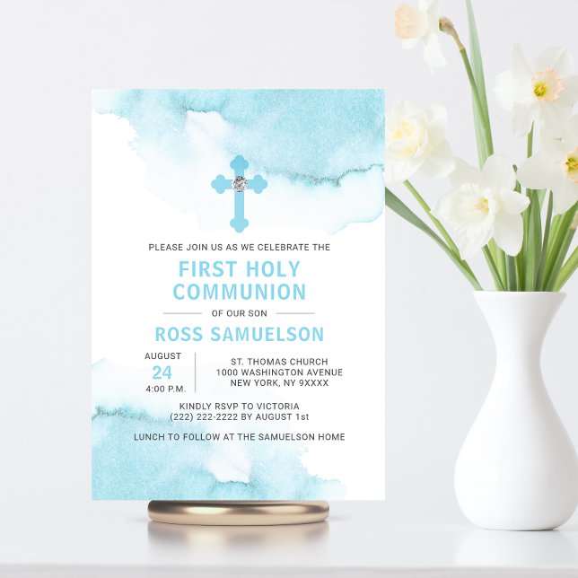 Modern Watercolor Blue BOY Holy Communion Invitation (Creator Uploaded)