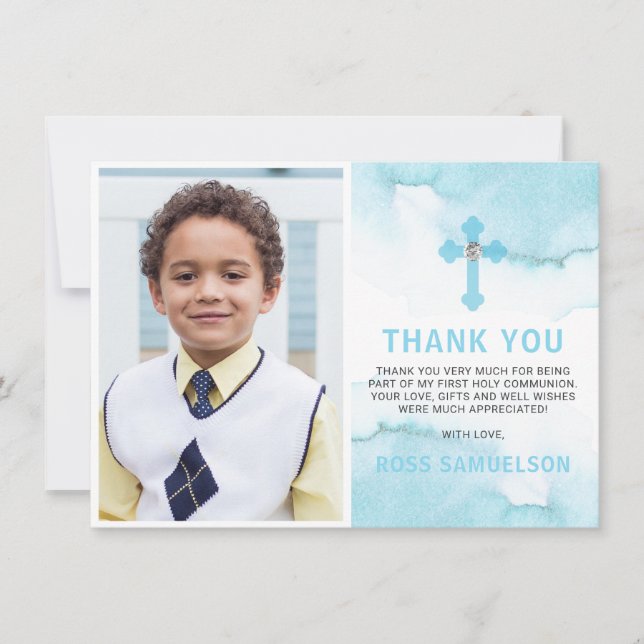 Modern Watercolor Blue BOY Holy Communion Thank You Card (Front)