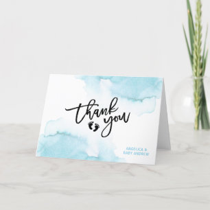 Modern Watercolor Blue BOY Oh BOY Baby Shower Than Thank You Card