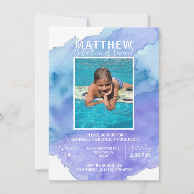 Modern Watercolor Blue Boy POOL BIRTHDAY Party Invitation (Front)
