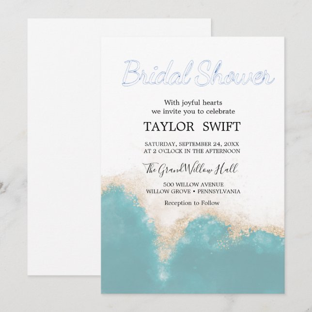Modern Watercolor Blue Bridal Shower Invitation (Front/Back)