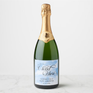 Modern Watercolor Blue Cloud Nine Baby Shower Sparkling Wine Label