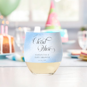 Modern Watercolor Blue Cloud Nine Baby Shower Stemless Wine Glass