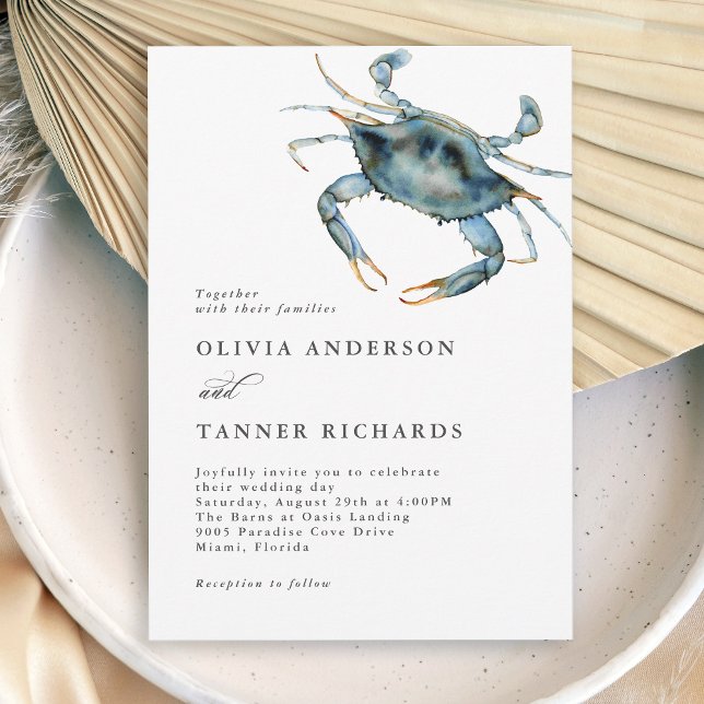 Modern Watercolor Blue Crab Coastal Wedding Invitation (Available in both printed and digital download formats.)