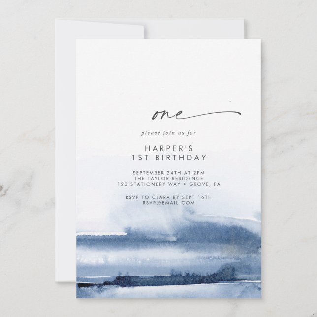 Modern Watercolor | Blue First Birthday Party Invitation (Front)