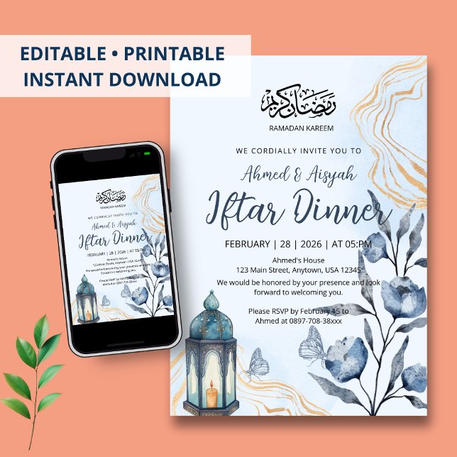 Modern Watercolor Blue Floral & Gold Iftar Dinner Invitation (Creator Uploaded)