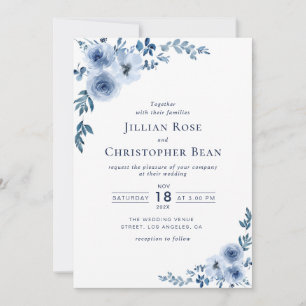 modern watercolor blue floral wedding invitation