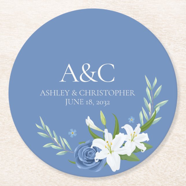Modern Watercolor Blue Floral Wedding Round Paper Coaster (Front)