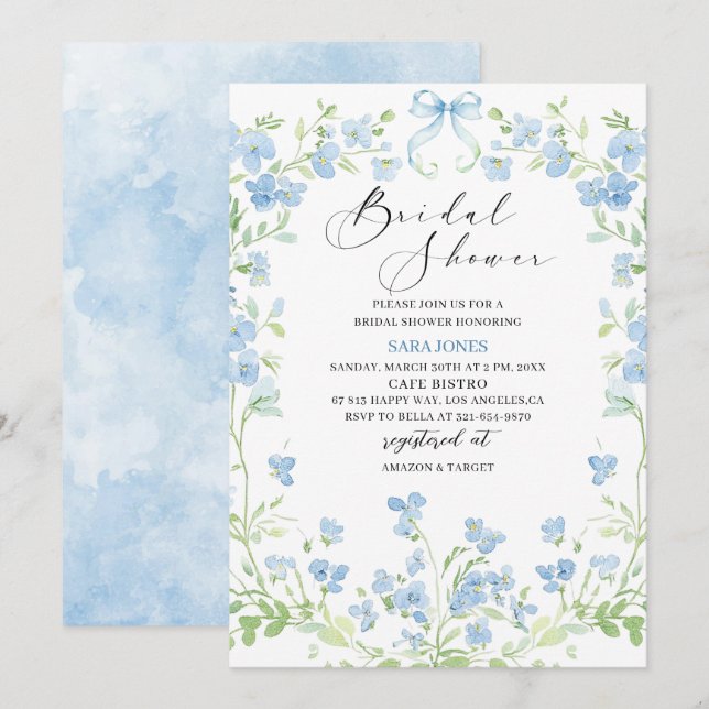 Modern Watercolor Blue flowers Bridal Shower Invitation (Front/Back)