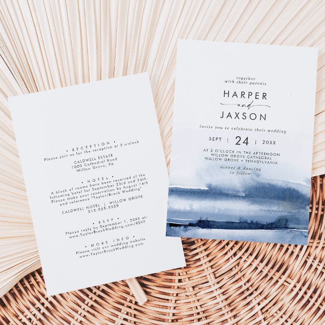 Modern Watercolor | Blue Front and Back Wedding Invitation (Creator Uploaded)