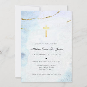 Modern Watercolor   Blue & Gold Baptism Invitation
