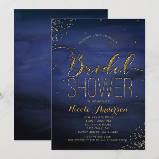 Modern Watercolor Blue Gold Confetti BRIDAL SHOWER Invitation (Front/Back)