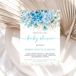 Modern Watercolor Blue Gold Floral Baby Shower Invitation