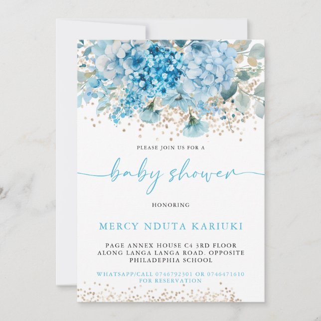 Modern Watercolor Blue Gold Floral Baby Shower Invitation (Front)