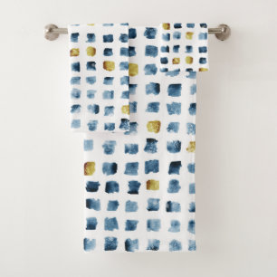 Modern Watercolor Blue Gold Geometrical Squares Bath Towel Set