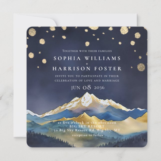 Modern Watercolor Blue Gold Mountain Wedding Photo Invitation (Front)