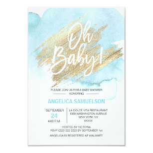 Modern Watercolor Blue Gold Oh Baby Shower 3.5x5" Invitation
