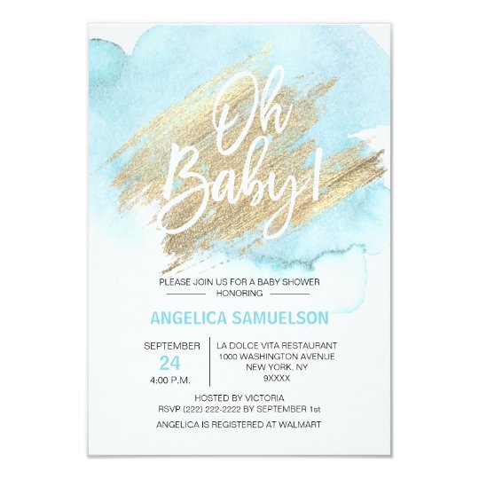 Modern Watercolor Blue Gold Oh Baby Shower 3.5x5" Invitation