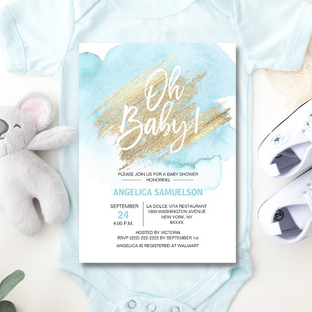 Modern Watercolor Blue Gold Oh Baby Shower Invitation (Creator Uploaded)