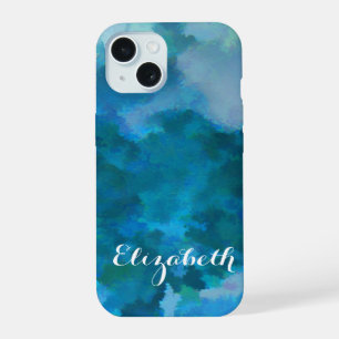 Modern Watercolor Blue Green Custom Name Template iPhone 15 Case