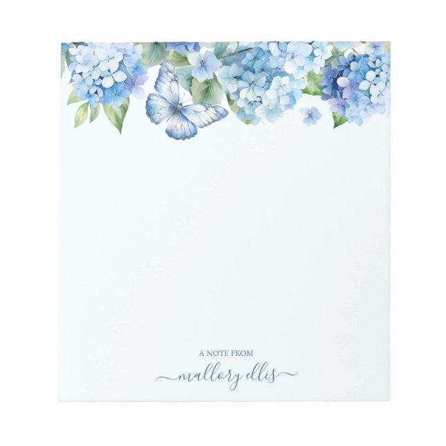 Modern Watercolor Blue Hydrangea Butterfly Notepad (Front)