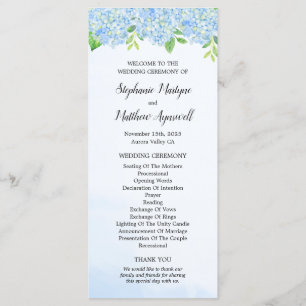 Modern Watercolor Blue Hydrangea Wedding Ceremony Program