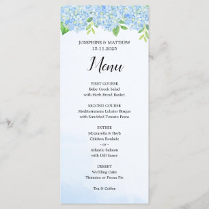 Modern Watercolor Blue Hydrangea Wedding Menu