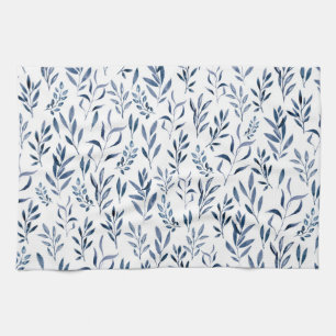 Modern Watercolor Blue Leaves Pattern   Tea Towel