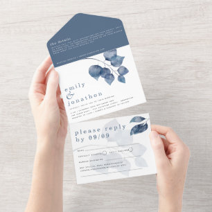 Modern Watercolor Blue Leaves Wedding All In One Invitation