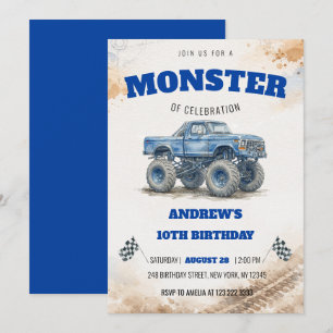 Modern Watercolor Blue Monster Truck Boy Birthday Invitation