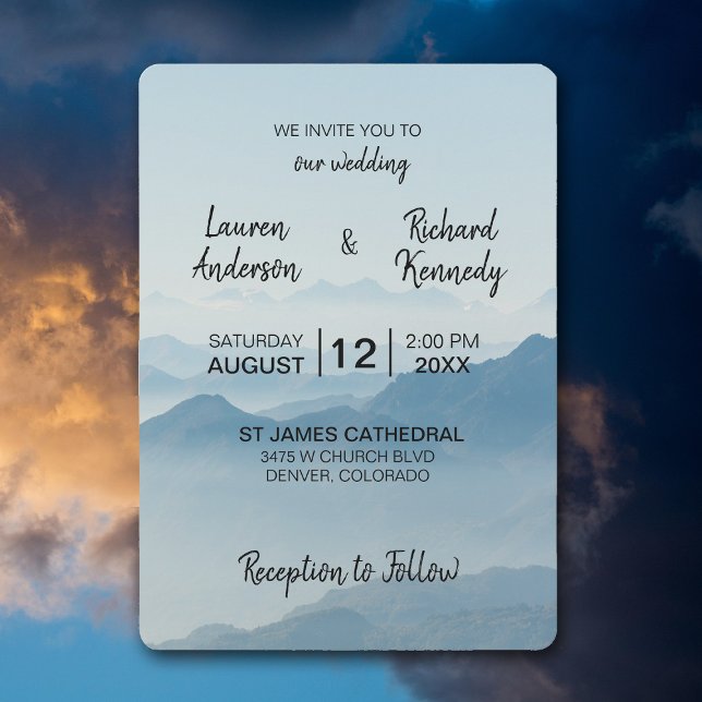 Modern Watercolor Blue Mountain Typography Wedding Invitation (Creator Uploaded)