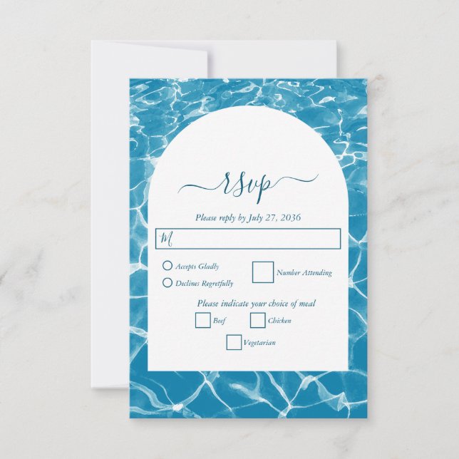 Modern Watercolor Blue Ocean Beach Wedding RSVP Card (Front)