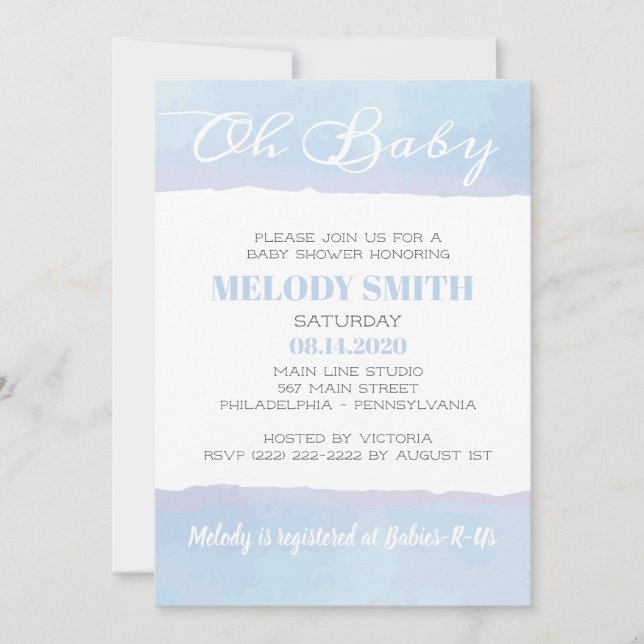 Modern Watercolor Blue OH BABY Baby Shower Invitation (Front)