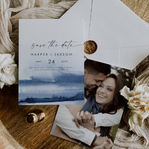 Modern Watercolor   Blue Photo Back Save The Date